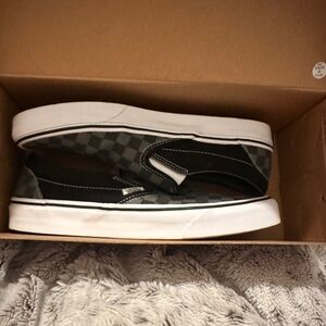 Vans Men's Gray and Black Checkered Slip-On Sneakers